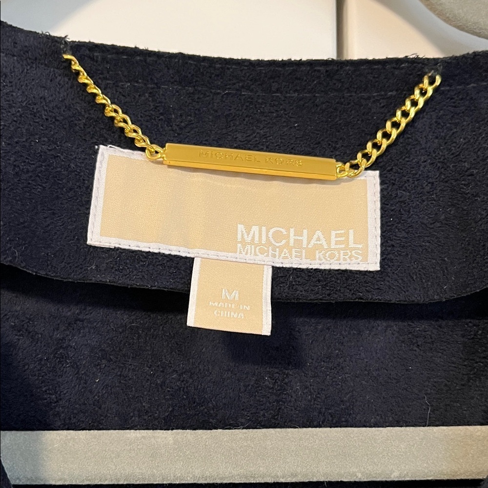 NWOT MICHAEL KORS Navy Faux Leather Moto Jacket Gold Button, Size M - Picture 2 of 11